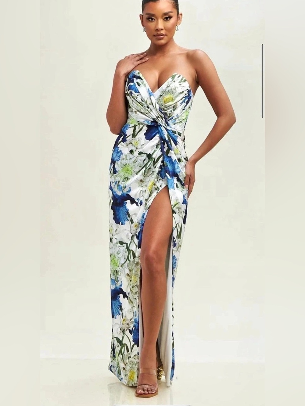 NWT Luxxel Size L Floral Strapless Maxi Dress in White & Blue